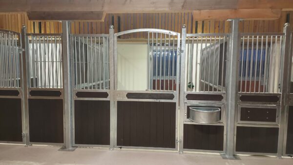 front wall horse stalls monace with swivel feed trough